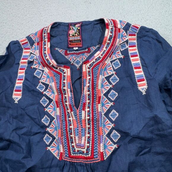 Johnny Was Blouse Womens Small Blue Embroidered Peasant Top Boho Ethnic Bib - Picture 3 of 15